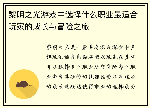黎明之光游戏中选择什么职业最适合玩家的成长与冒险之旅